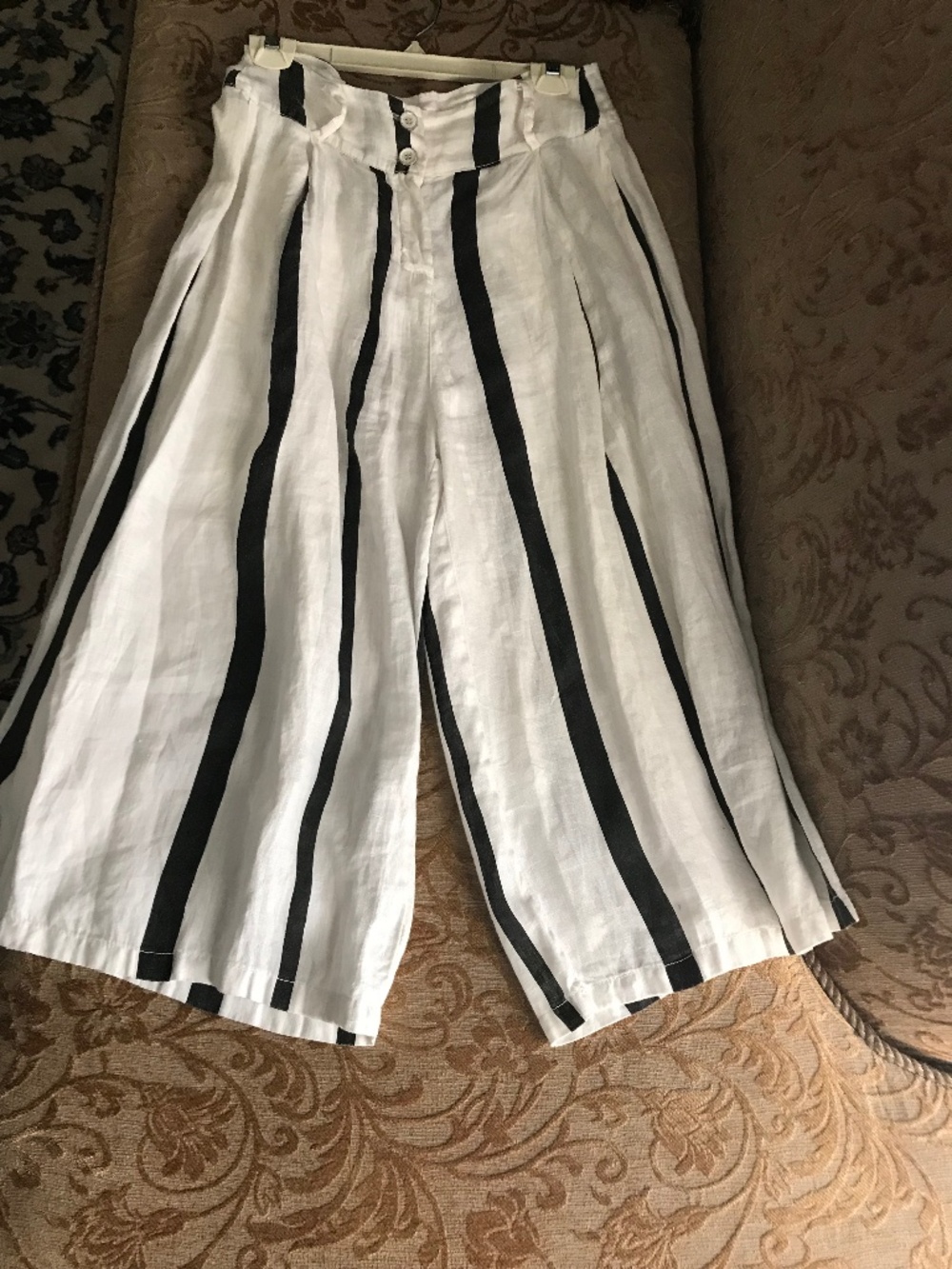 White Linen Culottes with cream stripes, black stripes by Vivian Shyu. Made in I